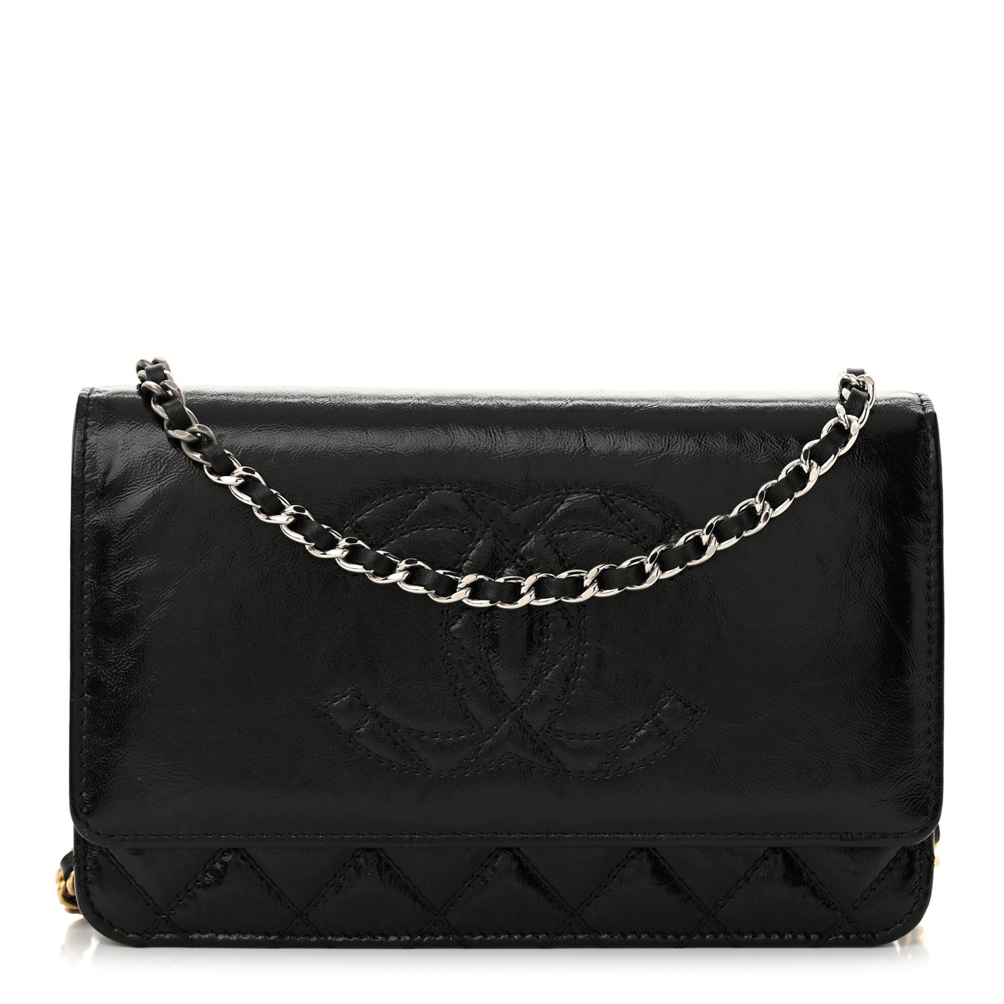Shiny Aged Calfskin Quilted CC Wallet On Chain WOC Black