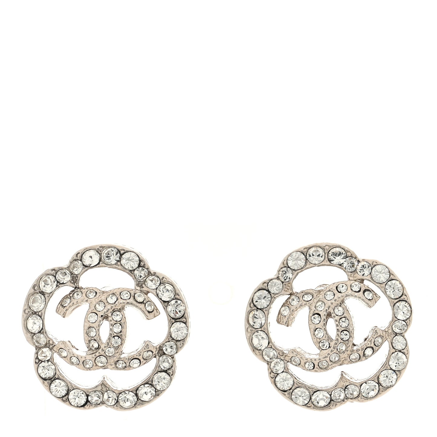 Crystal Coco Flapper Camellia CC Stud Earrings Silver