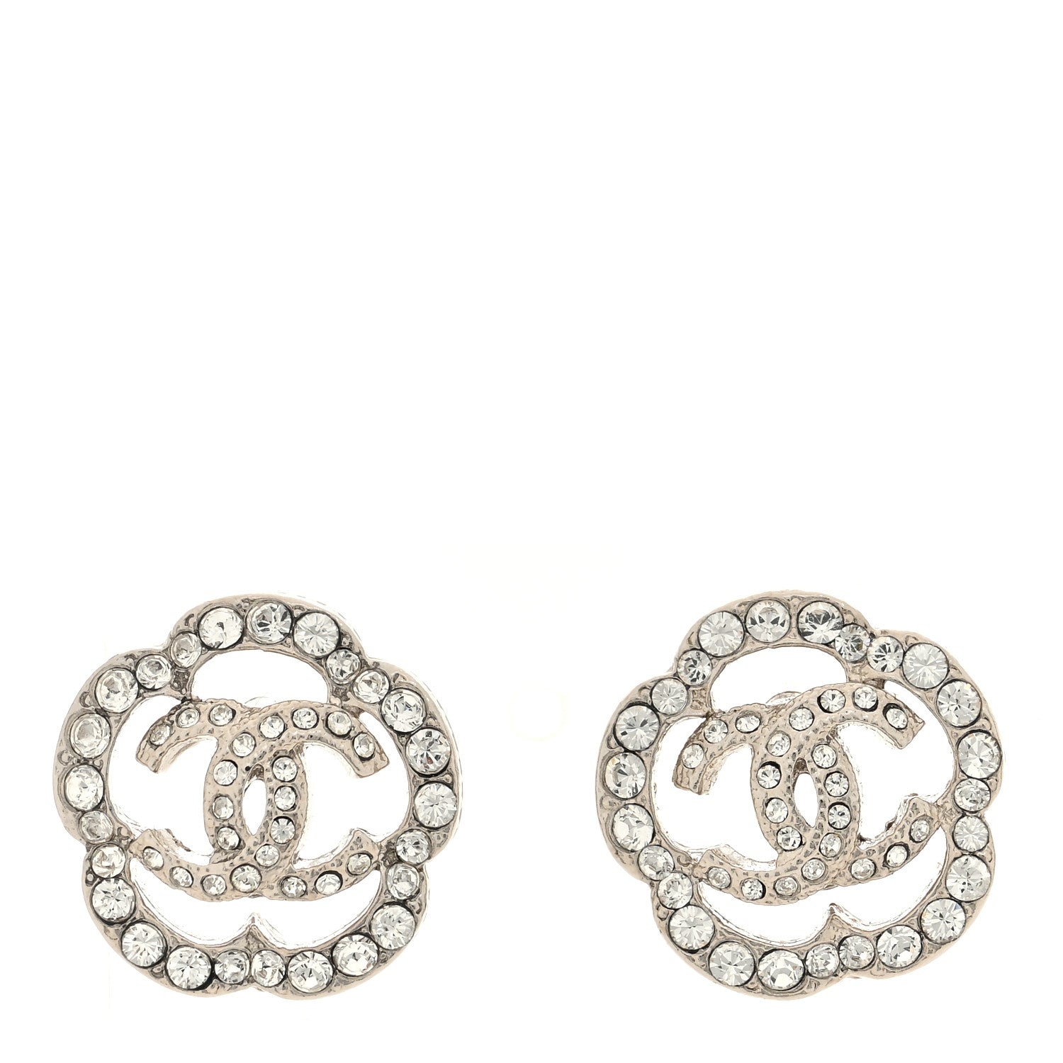 Chanel Crystal Coco Flapper Camellia CC Stud Earrings Silver 1 of 5