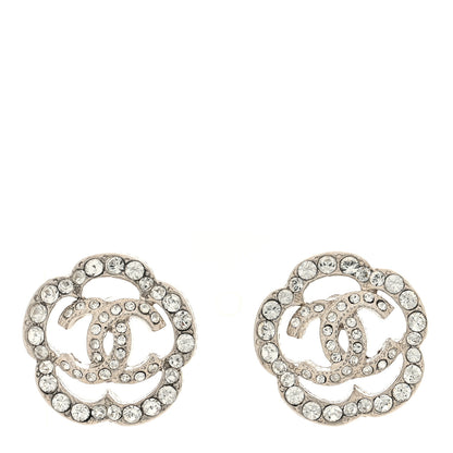 Chanel Crystal Coco Flapper Camellia CC Stud Earrings Silver 1 of 5