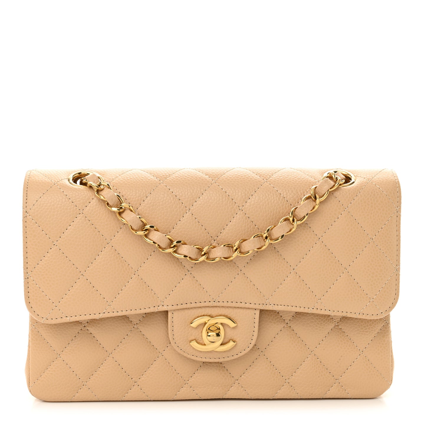 Caviar Quilted Small Double Flap Beige
