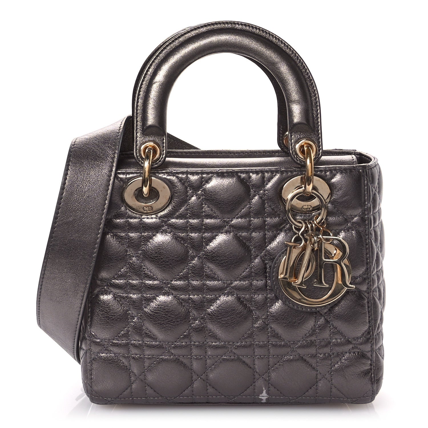 Christian Dior Metallic Grained Calfskin Cannage Small Lady Dior Gunmetal 1 of 11