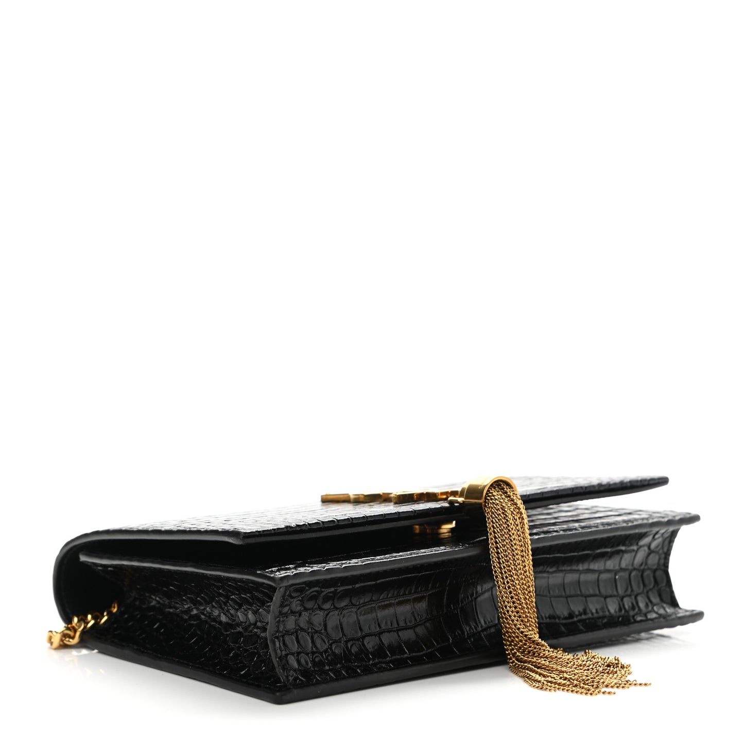 Calfskin Crocodile Embossed Kate Monogram Tassel Chain Wallet Black