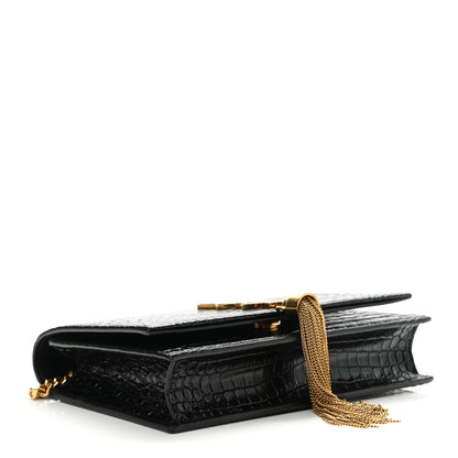 Saint Laurent Calfskin Crocodile Embossed Kate Monogram Tassel Chain Wallet Black 3 of 9