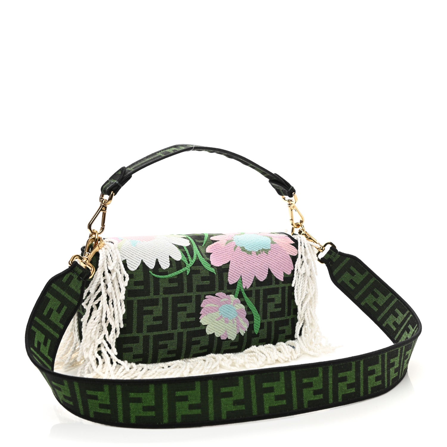 Fendi Fabric Jacquard FF 1974 Fringe Floral Embroidered Baguette Verde Multcolor 3 of 10