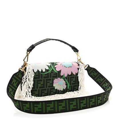 Fendi Fabric Jacquard FF 1974 Fringe Floral Embroidered Baguette Verde Multcolor 3 of 10
