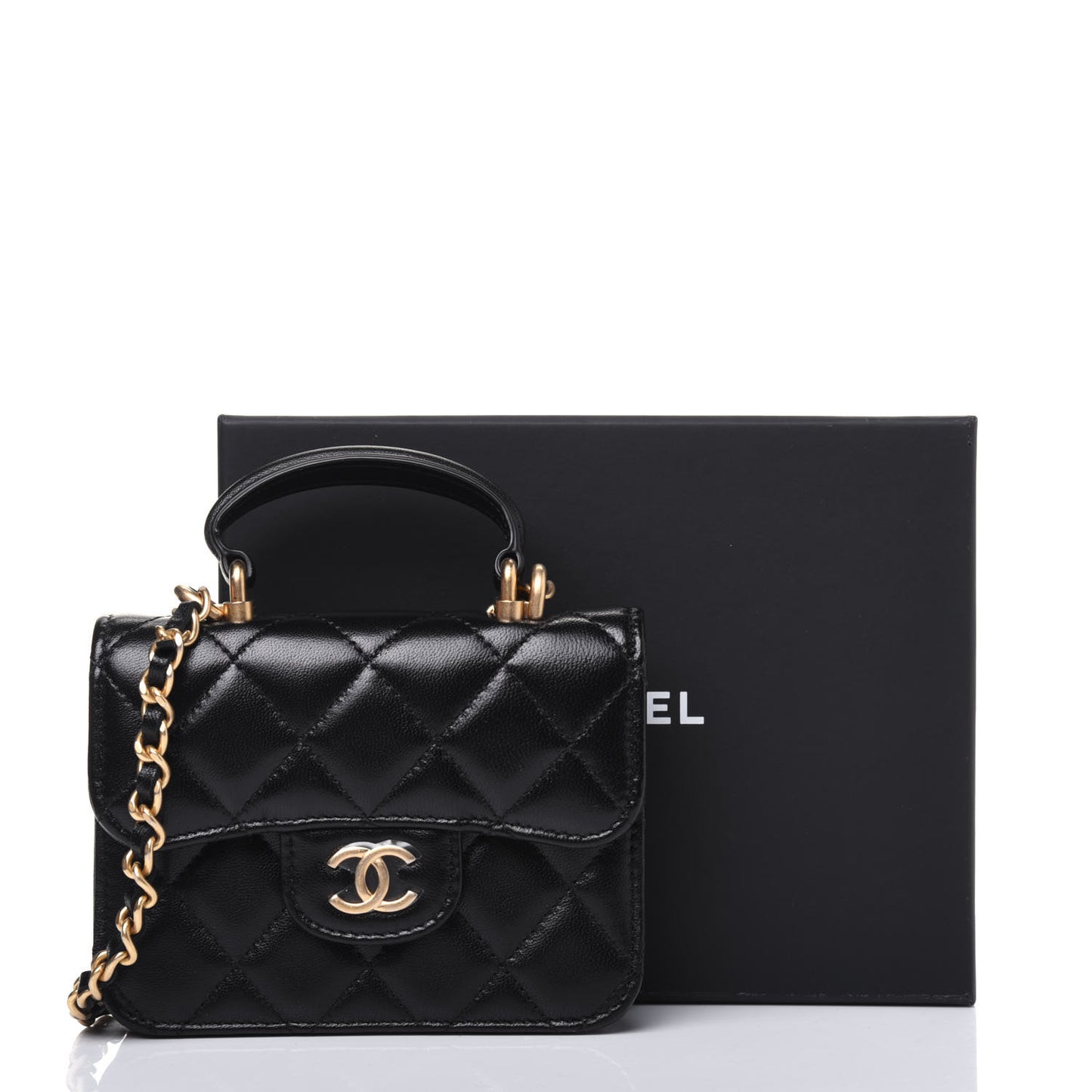 Lambskin Quilted Top Handle Flap Coin Purse With Chain Black