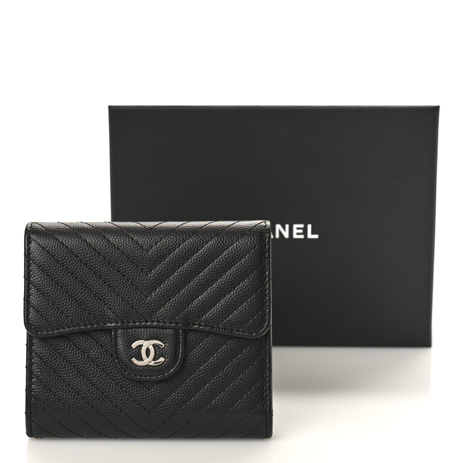 Chanel Caviar Chevron Quilted Compact Flap Wallet Black 10 of 10