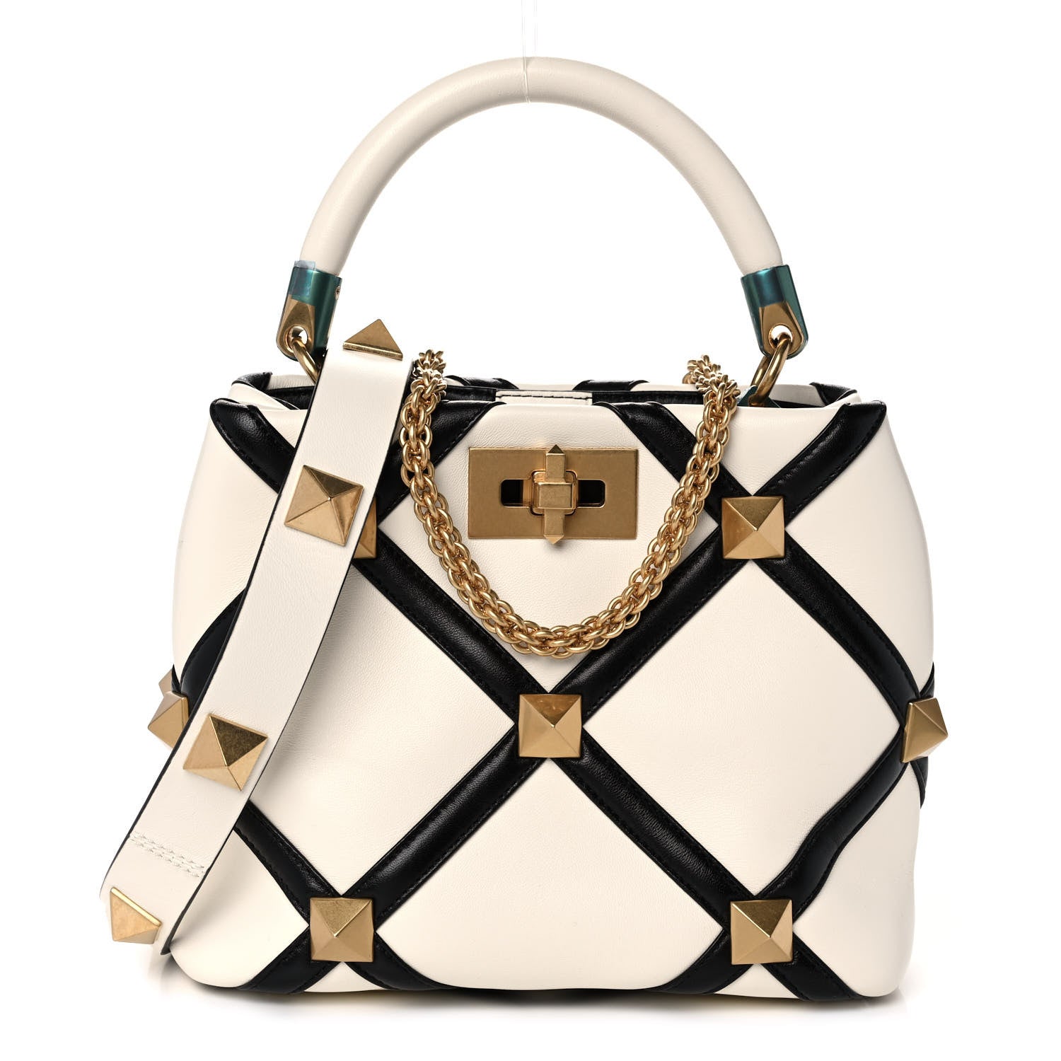 Valentino Garavani Nappa Small Roman Stud The Handle Bag Ivory Black 1 of 10