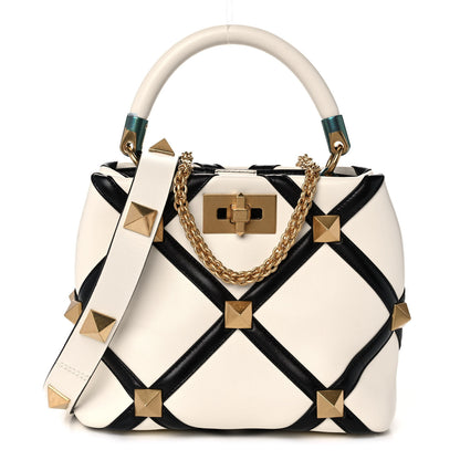 Valentino Garavani Nappa Small Roman Stud The Handle Bag Ivory Black 1 of 10