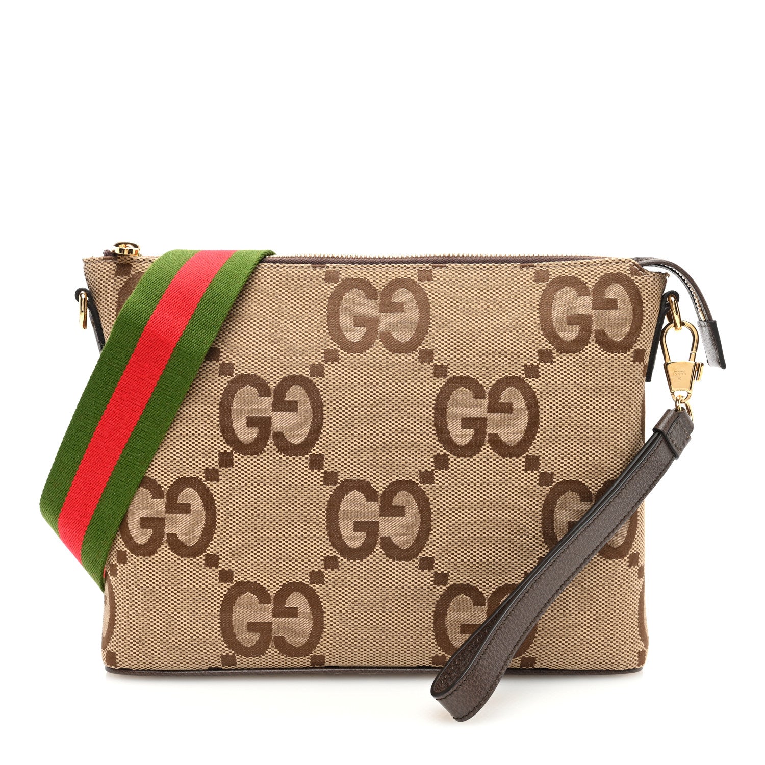 Gucci Monogram Jumbo GG Textured Dollar Calfskin Web Wristlet Messenger Bag Camel Ebony New Acero 1 of 9