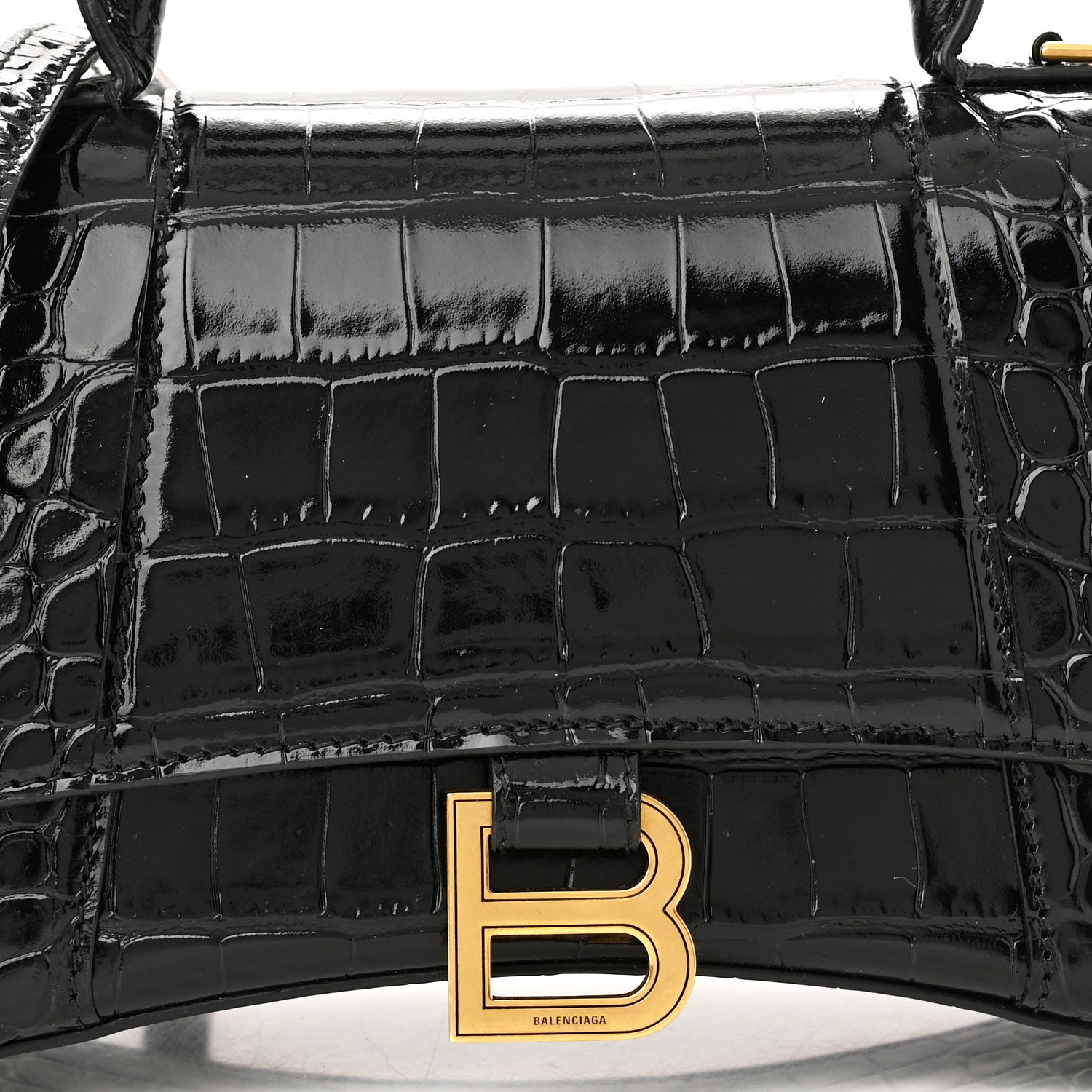 Balenciaga Shiny Calfskin Crocodile Embossed Small Hourglass Top Handle Bag Black 6 of 8