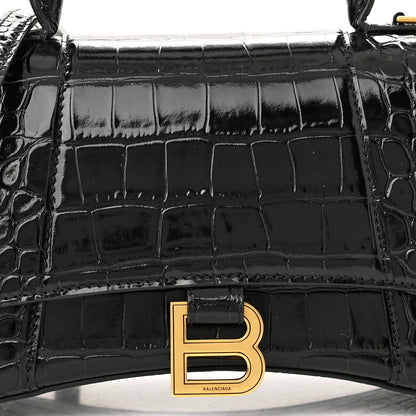 Balenciaga Shiny Calfskin Crocodile Embossed Small Hourglass Top Handle Bag Black 6 of 8