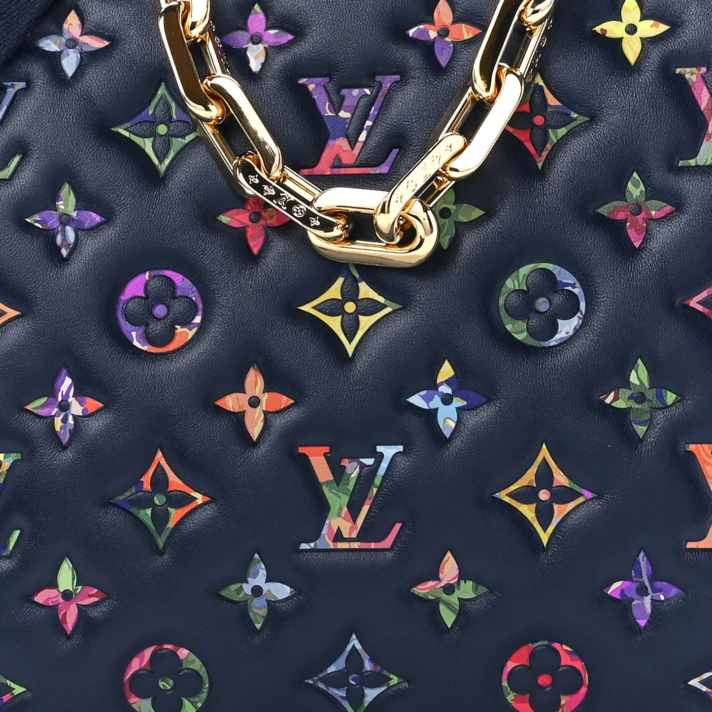 Lambskin Embossed Monogram LV Garden Coussin PM Navy