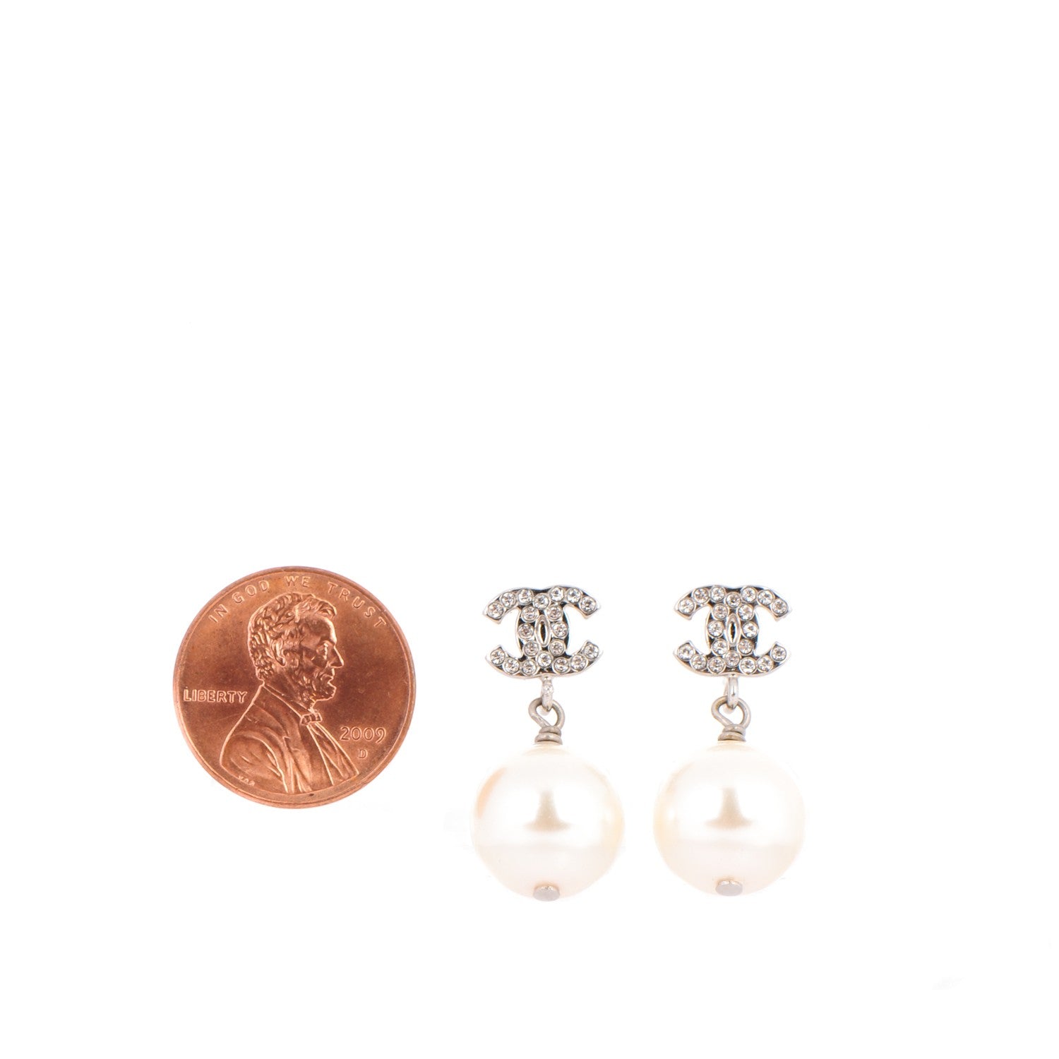 Chanel Crystal Pearl CC Drop Earrings Silver 2 of 5