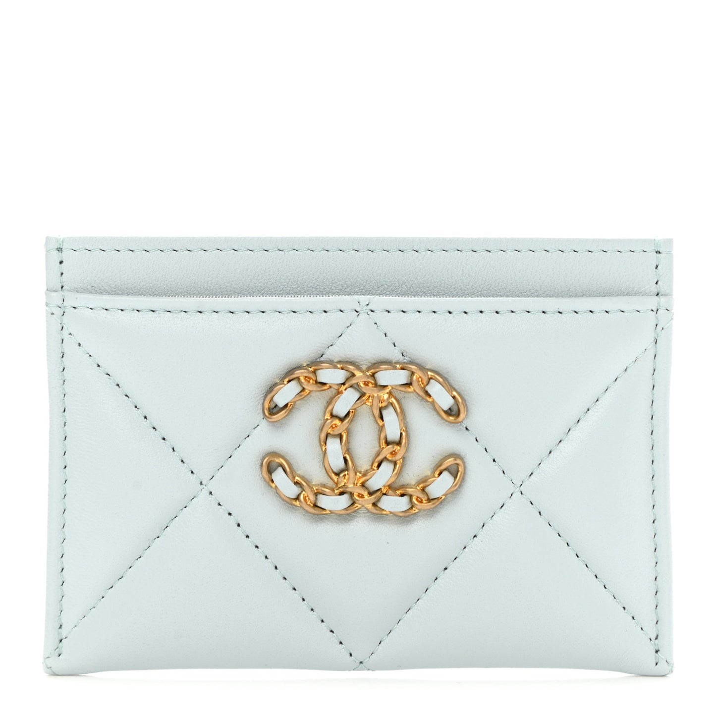 Lambskin Quilted Chanel 19 Card Holder Light Blue