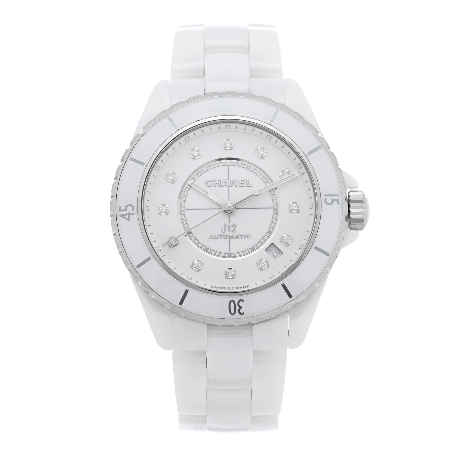 Chanel Stainless Steel Ceramic Diamond 38mm J12 Automatic Watch White 1 of 5