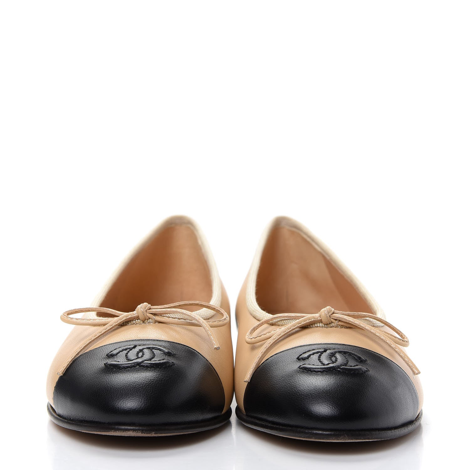 Chanel Lambskin Cap Toe CC Ballerina Flats 36.5 Beige Black 2 of 12