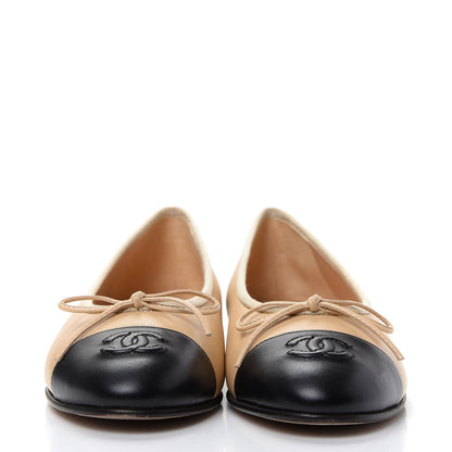 Chanel Lambskin Cap Toe CC Ballerina Flats 36.5 Beige Black 2 of 12