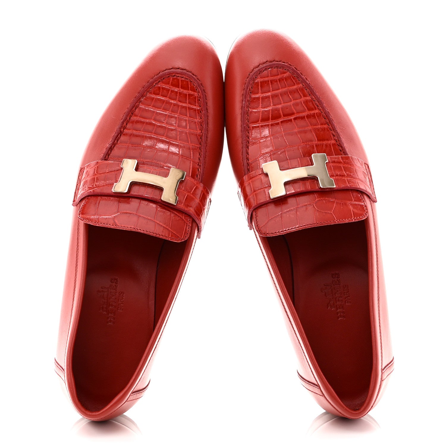 Hermes Calfskin Matte Crocodile Womens Paris Loafers 36 Orange