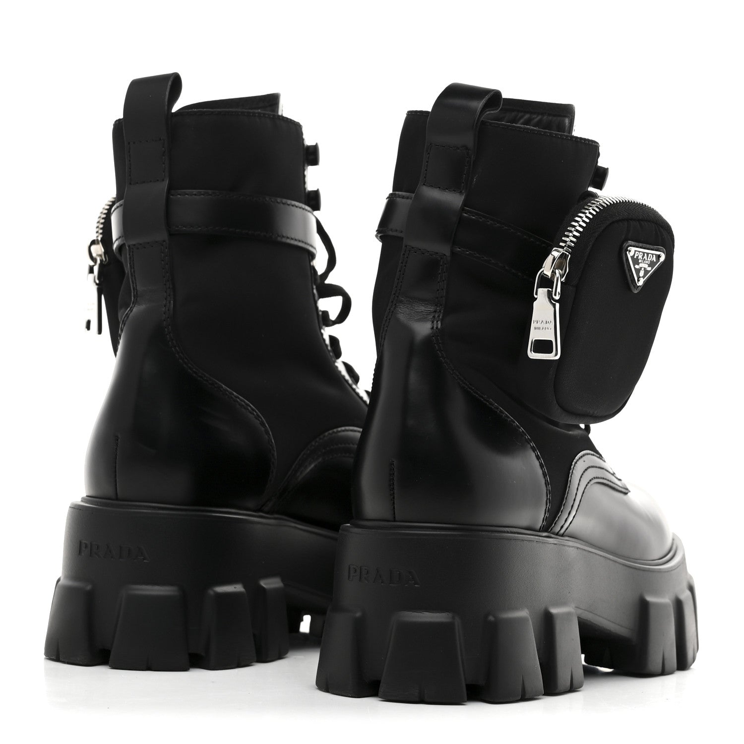 Prada Spazzolato Rois Nylon Metal Triangle Logo Monolith Pouch Pocket 55mm Boots 39 Black 5 of 10
