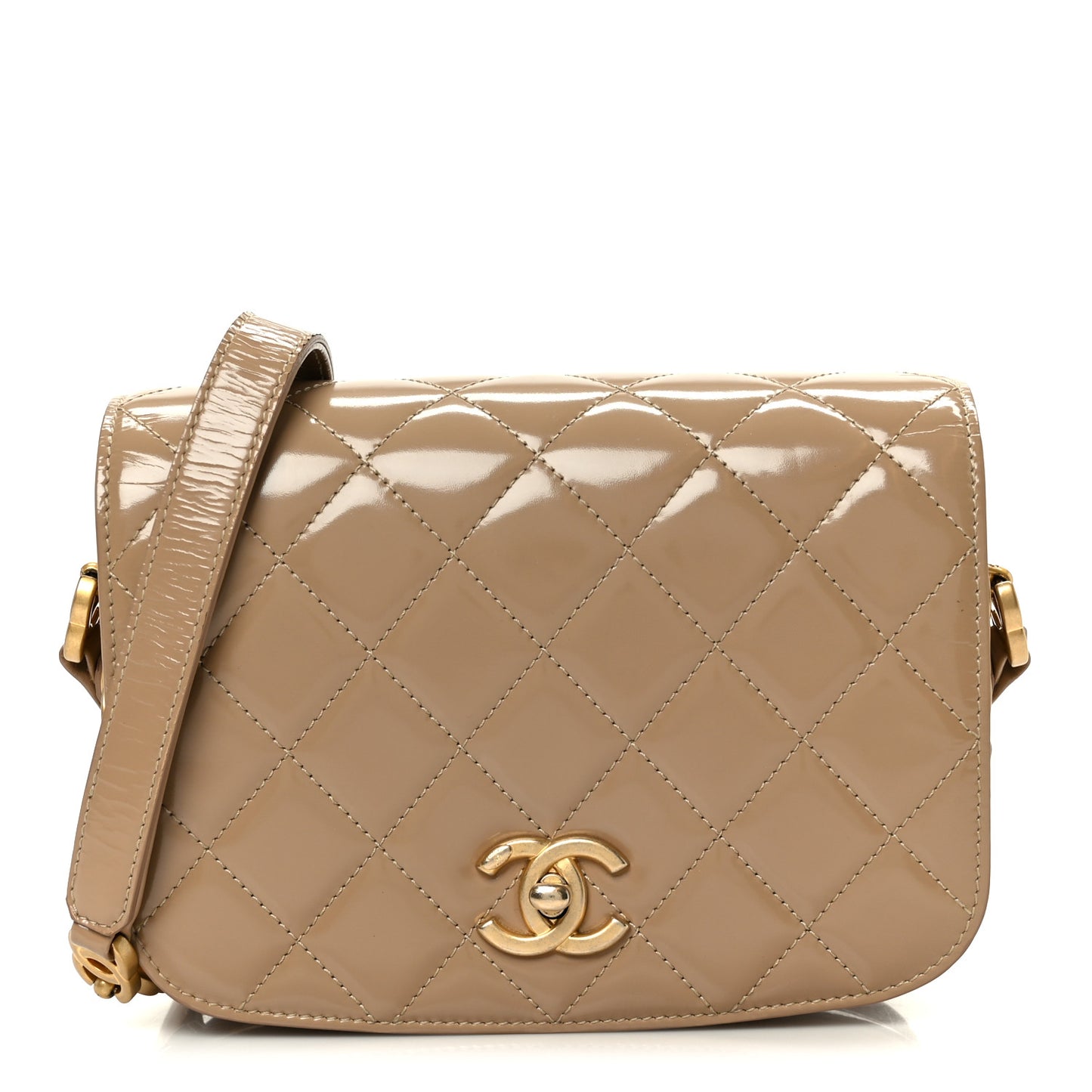 Shiny Calfskin Quilted Suede Goatskin Mini Messenger Beige