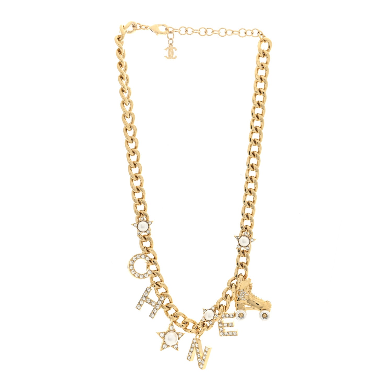 Chanel Crystal Pearl Star Rollerblade Logo Necklace Gold 3 of 4