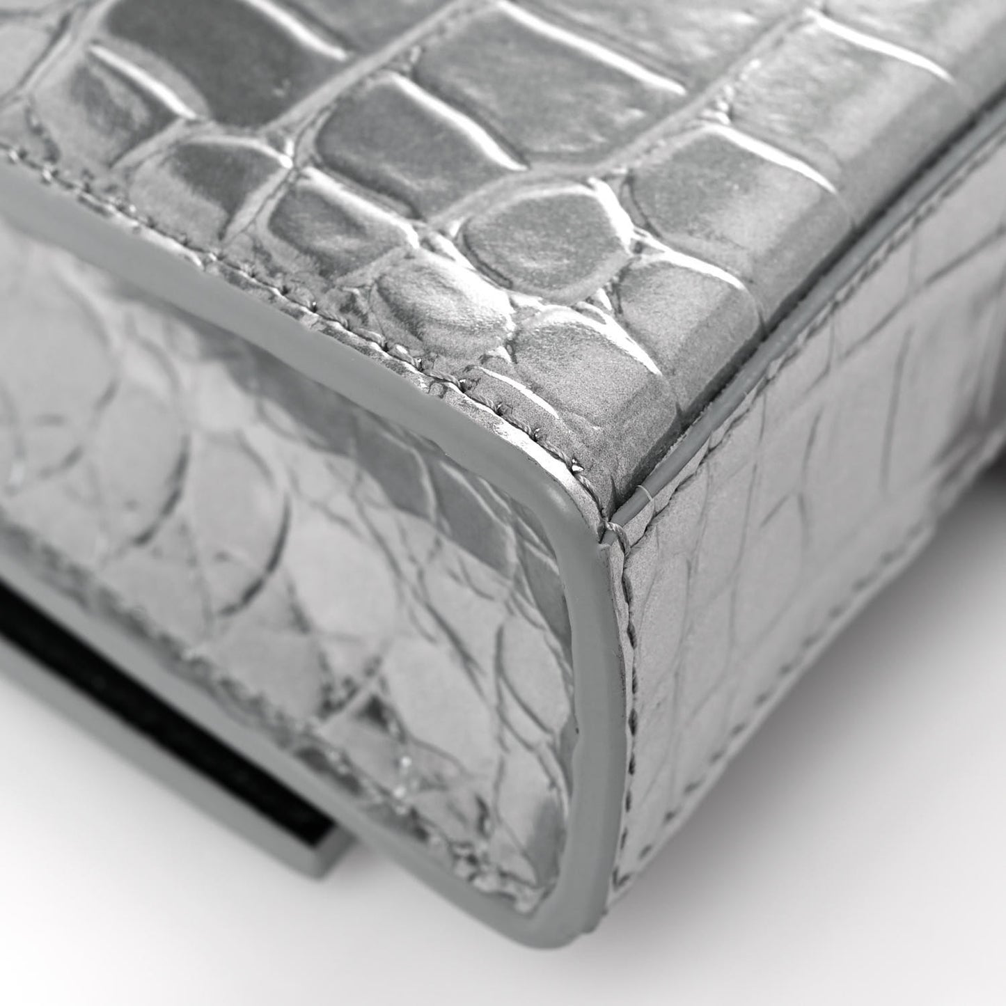 Metallic Calfskin Crocodile Embossed Hourglass Chain Bag Silver