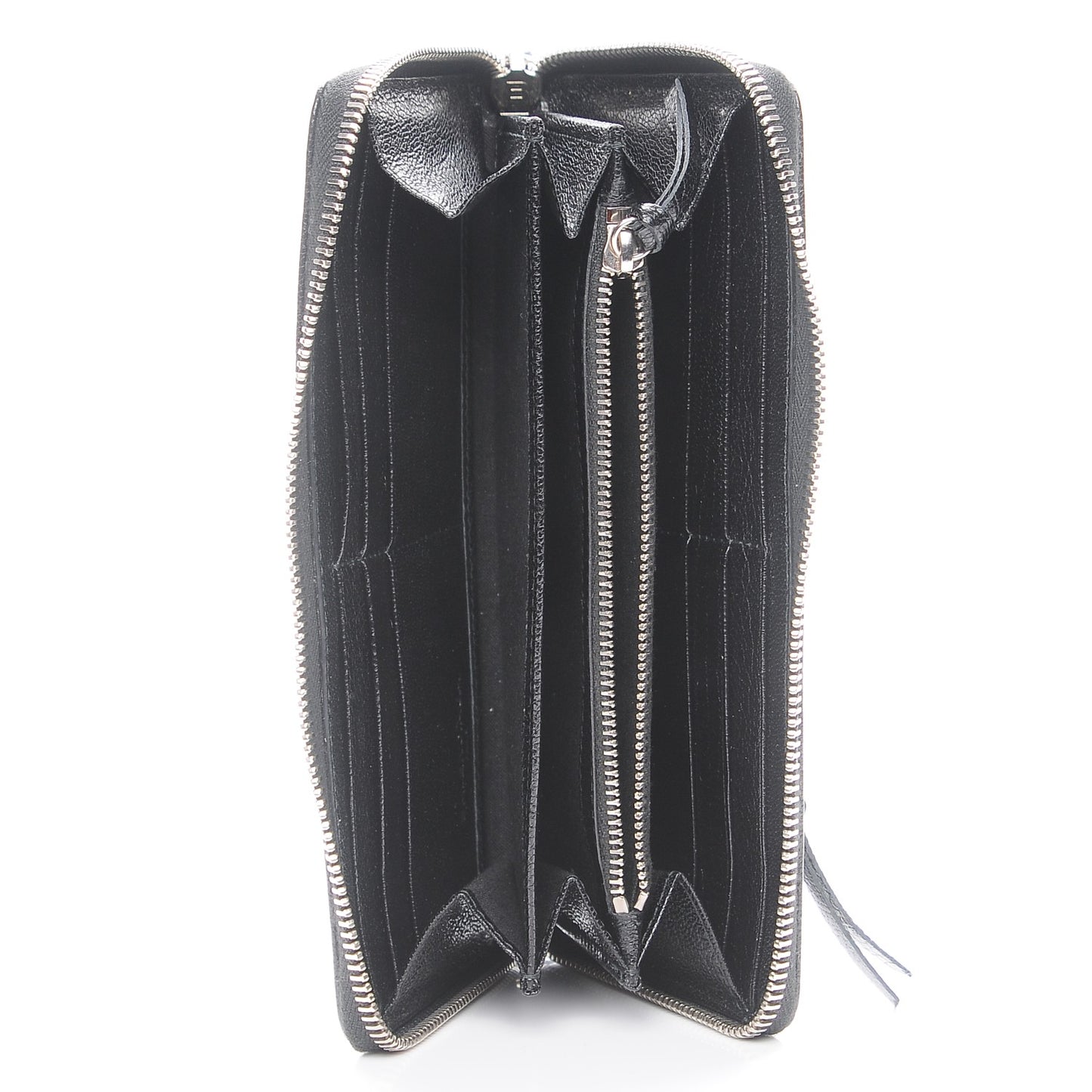 Chevre Silver Metallic Edge Hardware Zip Around Wallet Black