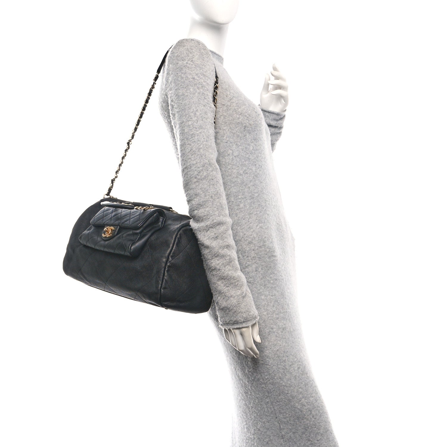 Chanel Grained Calfskin Lambskin Quilted Large Bowling Bag Black 2 of 10