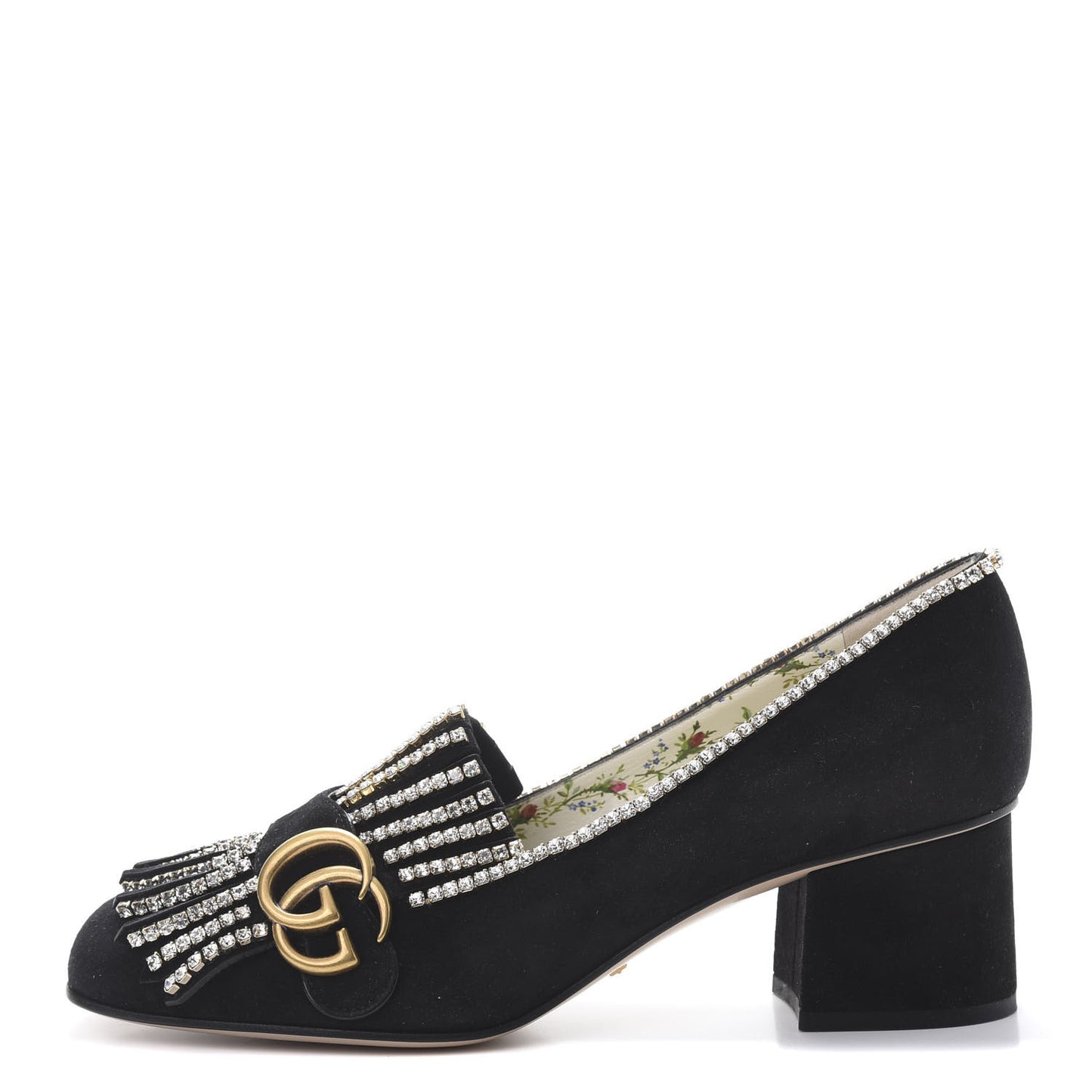 Kid Scamosciato Crystal GG Marmont Fringe 50mm Loafer Pumps 39 Black