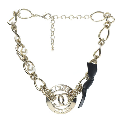 Chanel Metal Pearl Chain CC Paris Pendant Necklace Light Gold 3 of 4
