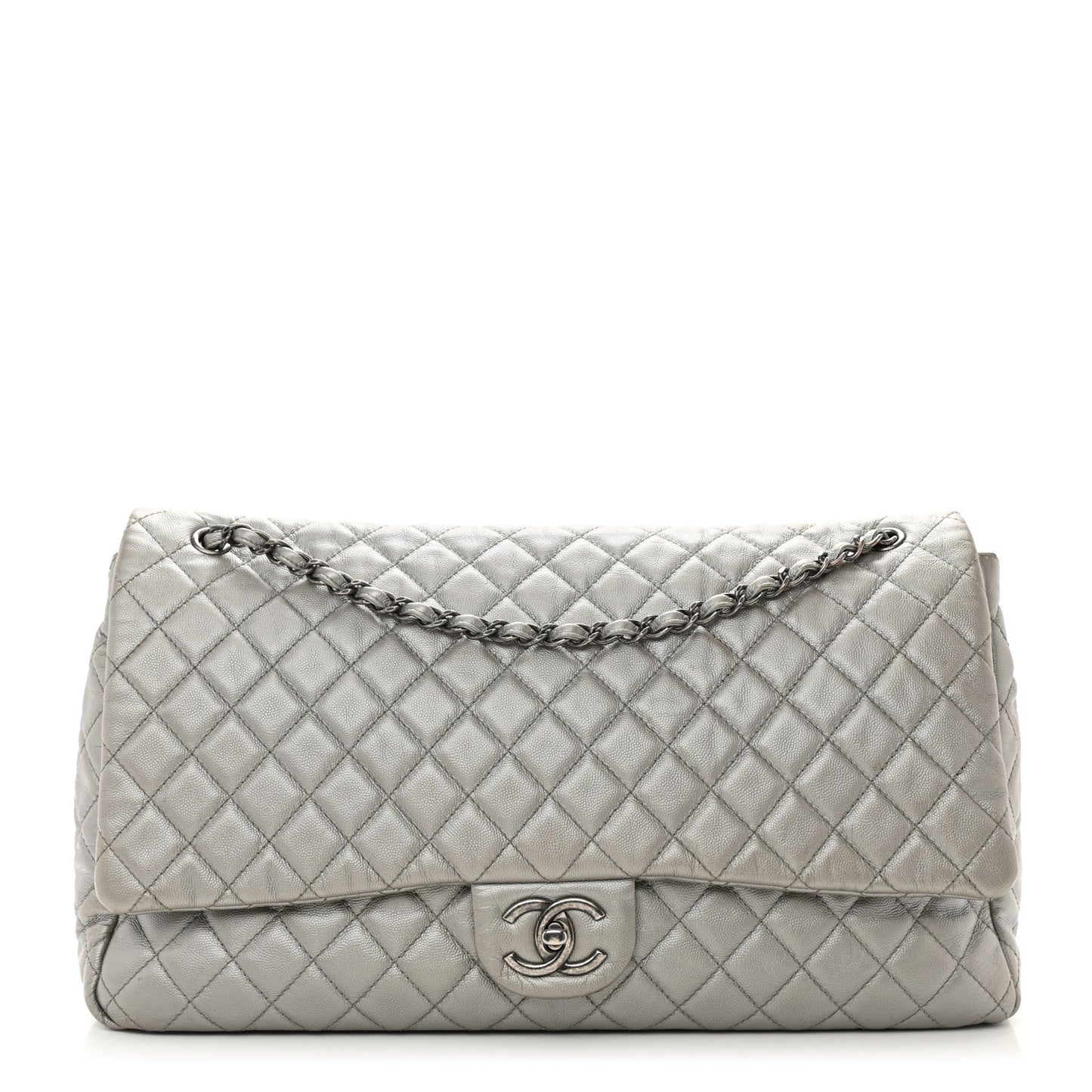 Metallic Caviar Quilted XXL Travel Flap Bag Silver