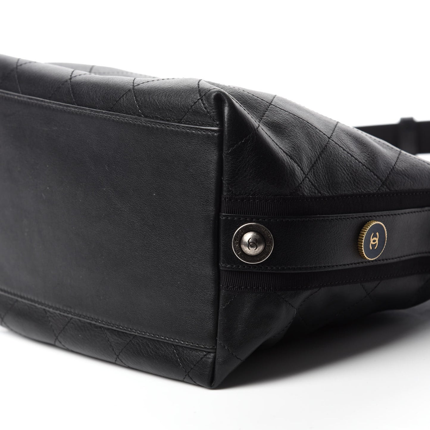 Calfskin Stitched Large Button Up Hobo Black