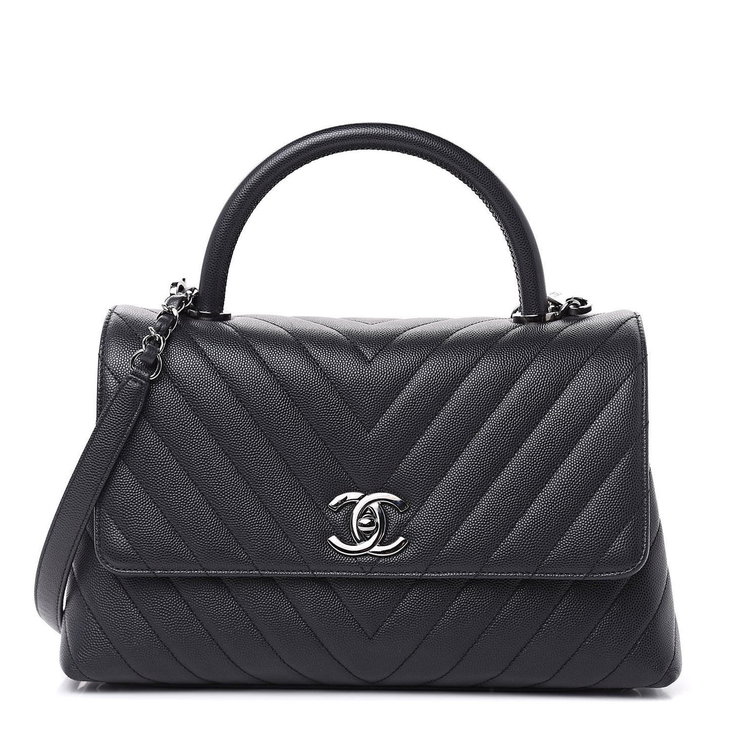 Caviar Chevron Quilted Small Coco Handle Flap Dark Grey