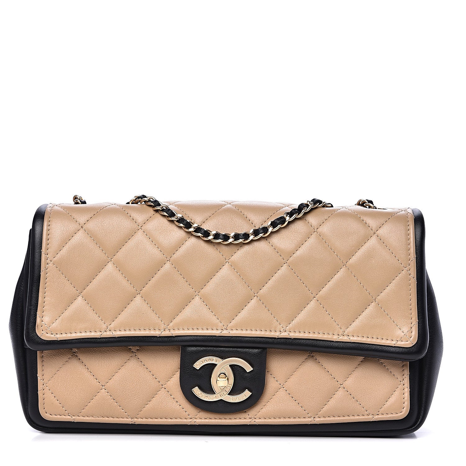 Chanel Calfskin Quilted Medium Graphic Flap Beige Black 1 of 13