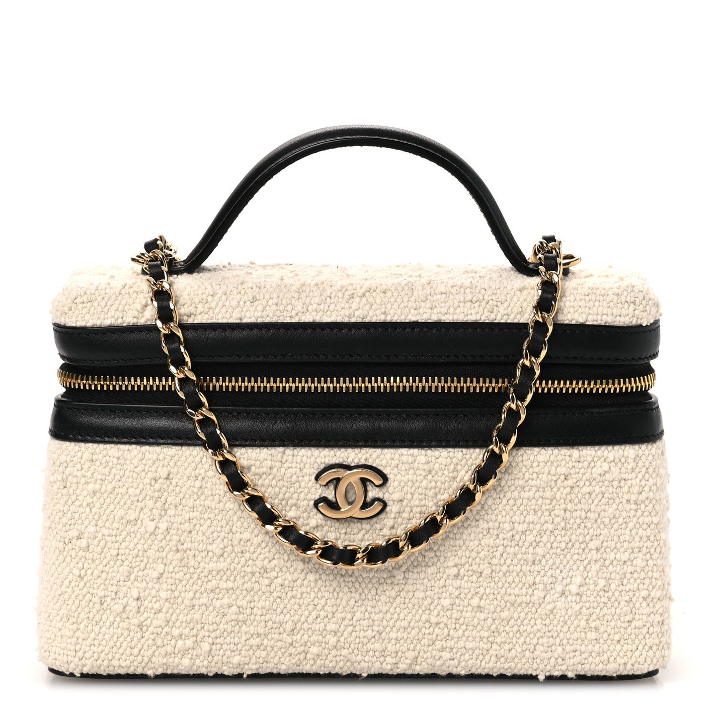 Boucle Calfskin Top Handle Slim Vanity Case With Chain Ecru Black