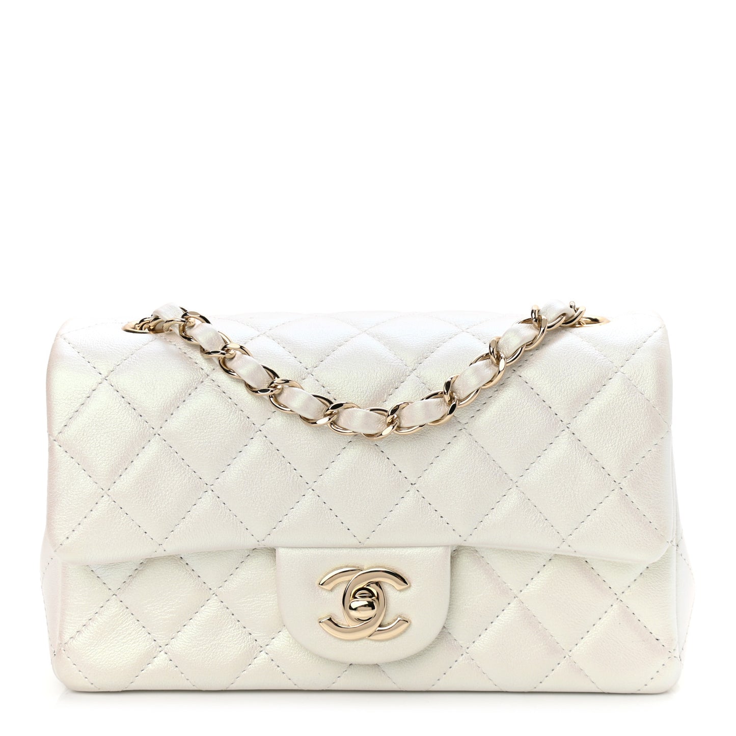 Iridescent Calfskin Quilted Mini Rectangular Flap White