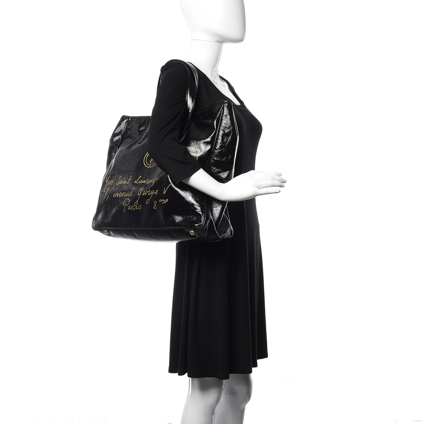 Textured Patent Y-Mail Tote Black