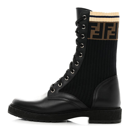 Fendi Calfskin Stretch Fabric Rockoko Biker Boots 38 Tobacco Black Marino 1 of 7