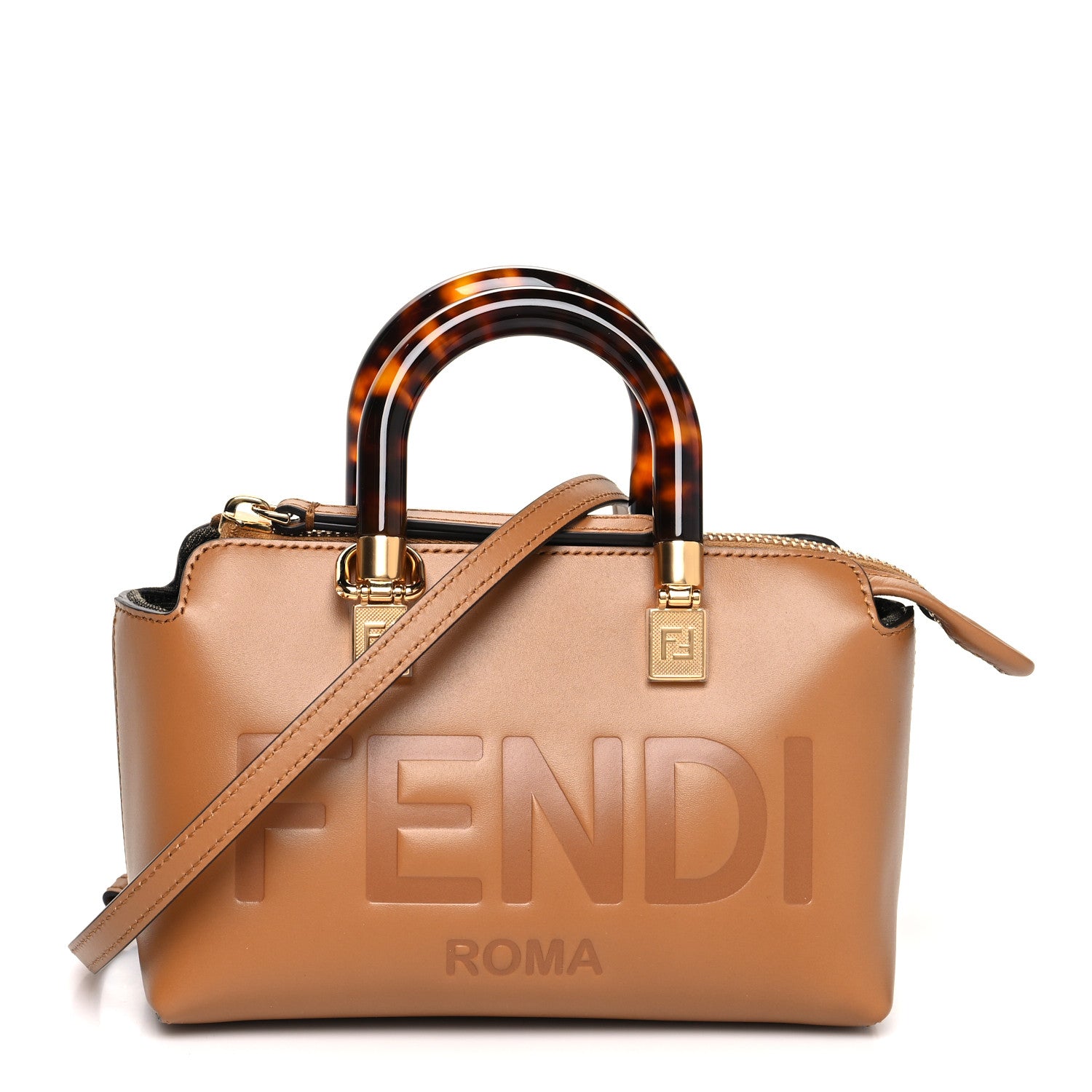 Fendi Vitello King Plexiglass Logo Embossed Mini By The Way Top Handle Boston Bag Caramello 1 of 10