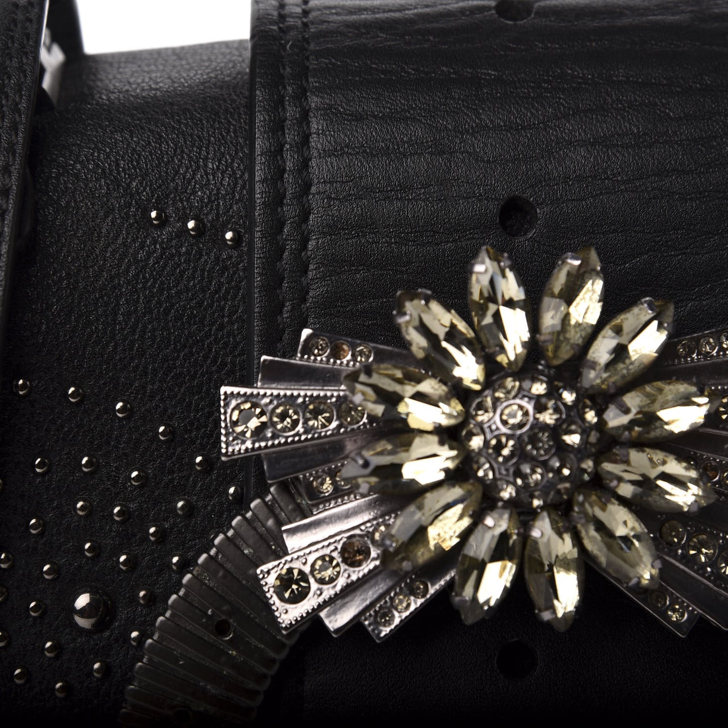 Goatskin Madras Soft Calfskin Crystal Embellished Dahlia Shoulder Bag Black