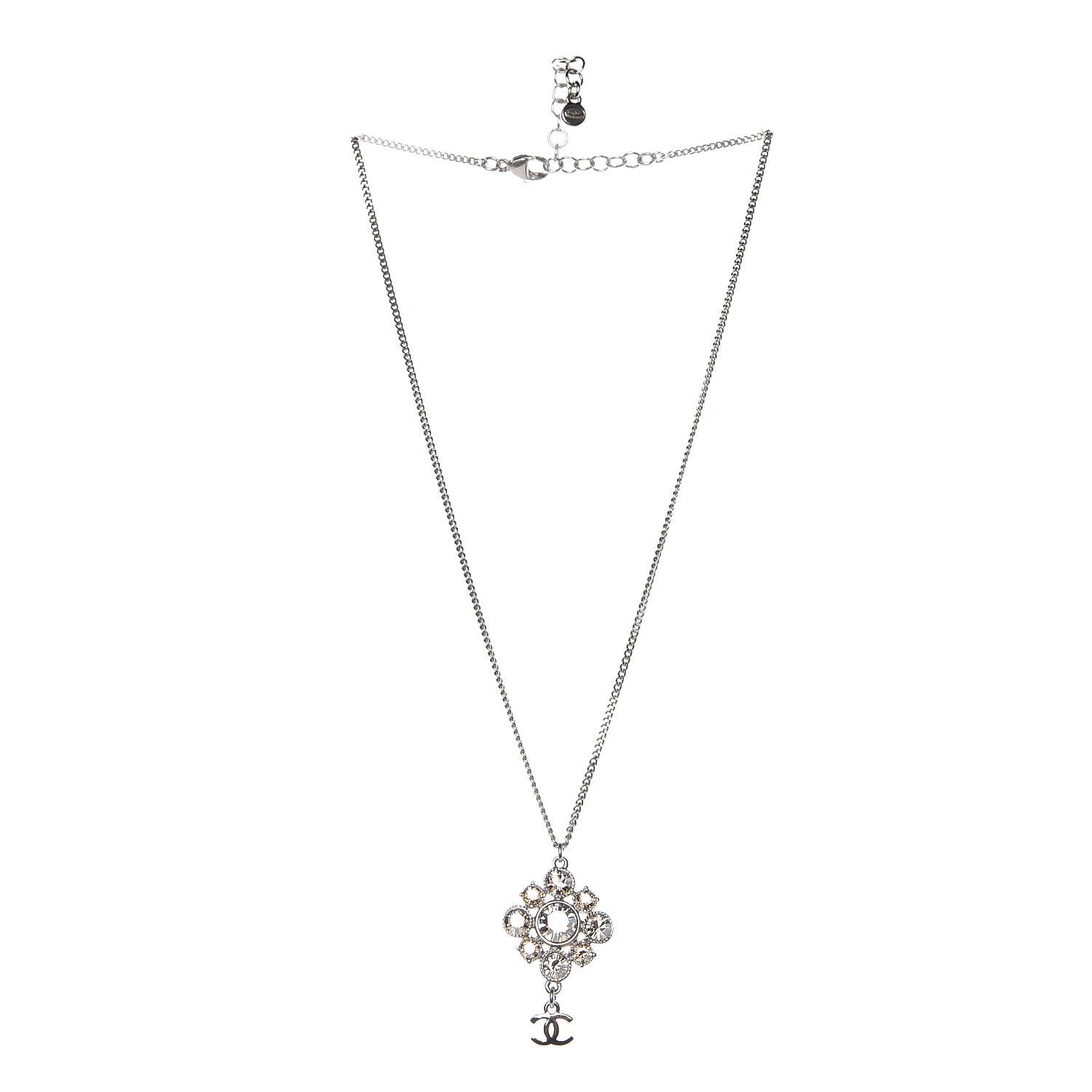 Chanel Crystal CC Drop Pendant Necklace Silver 3 of 5