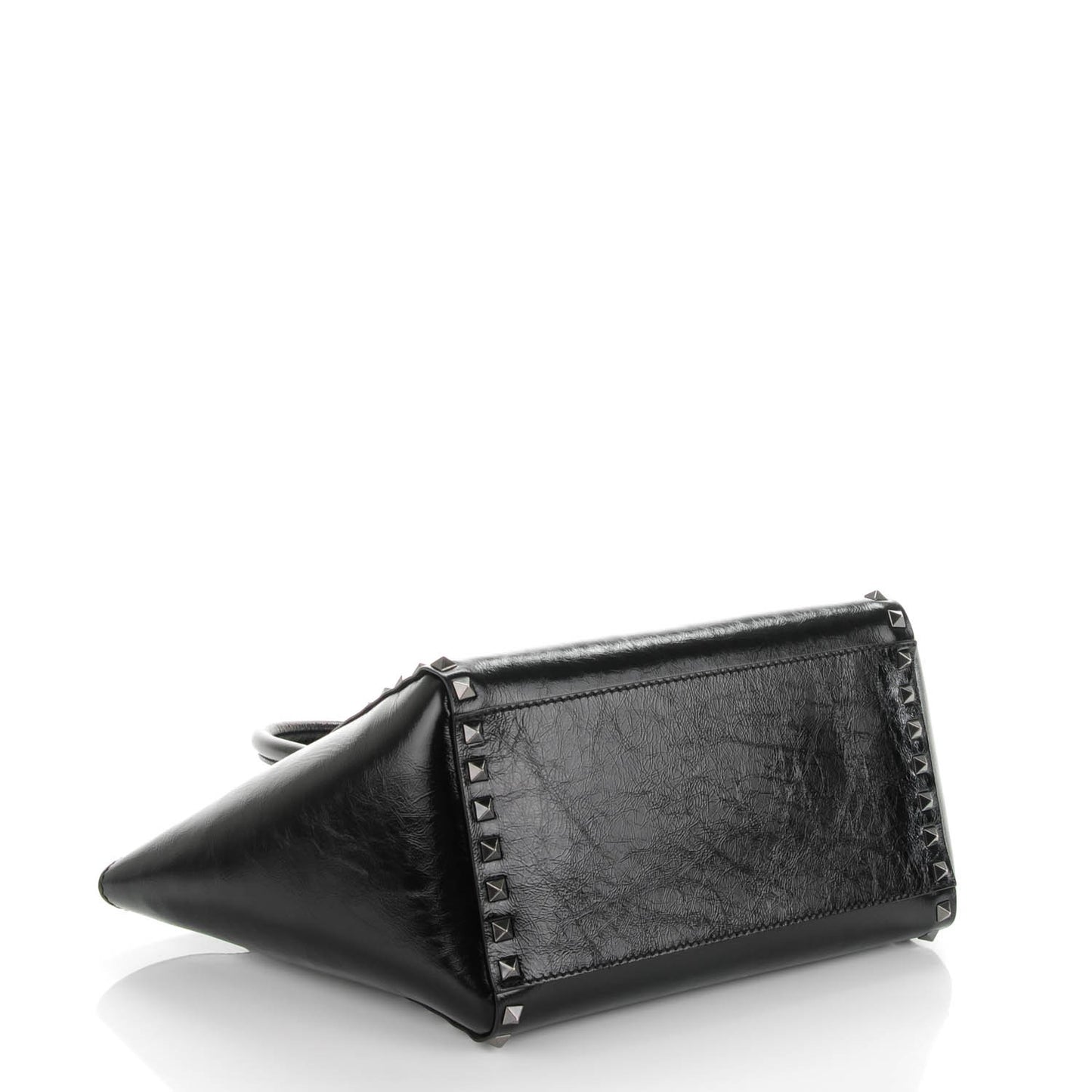 Craquele Calfskin Small Rockstud Double Handle Tote Black