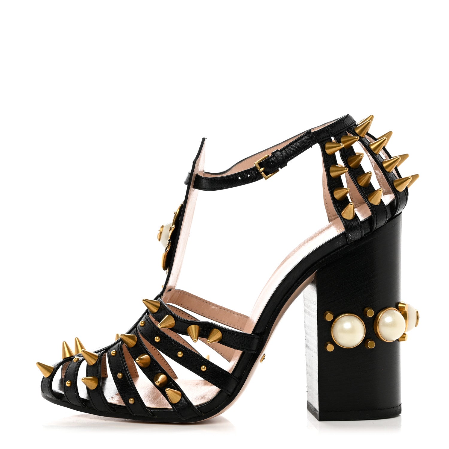 Gucci Kid Leather Studded Kendall Sandals 40.5 Black Gold 1 of 10