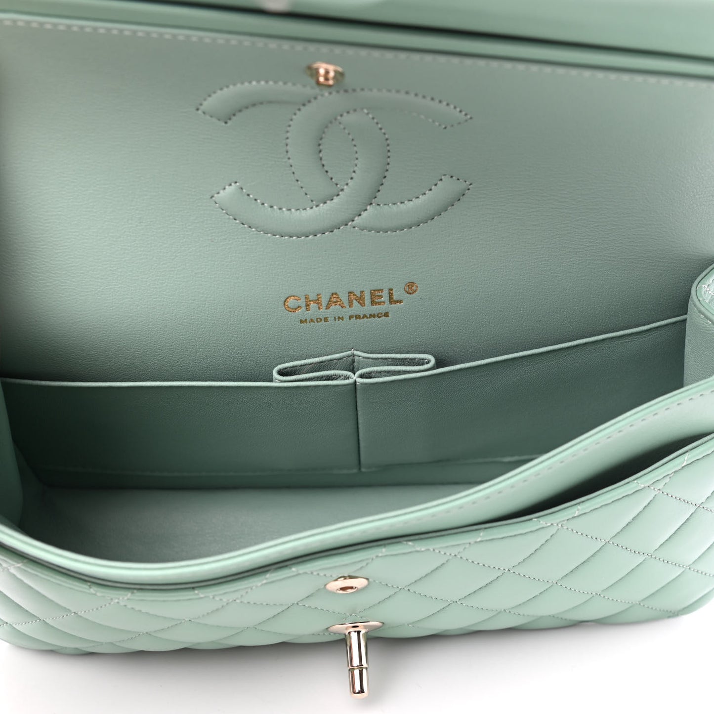 Lambskin Quilted Medium Double Flap Light Green