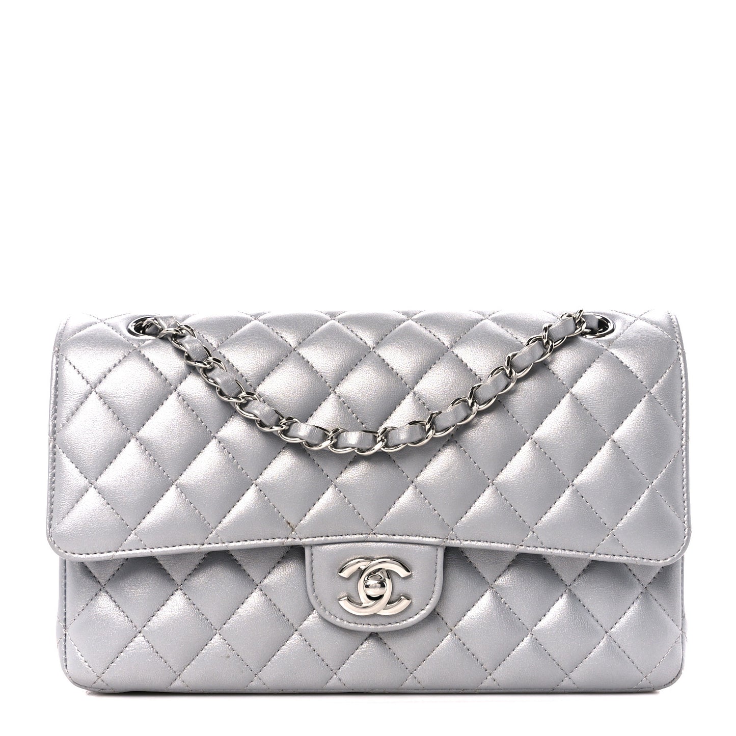 Metallic Lambskin Quilted Medium Double Flap Silver