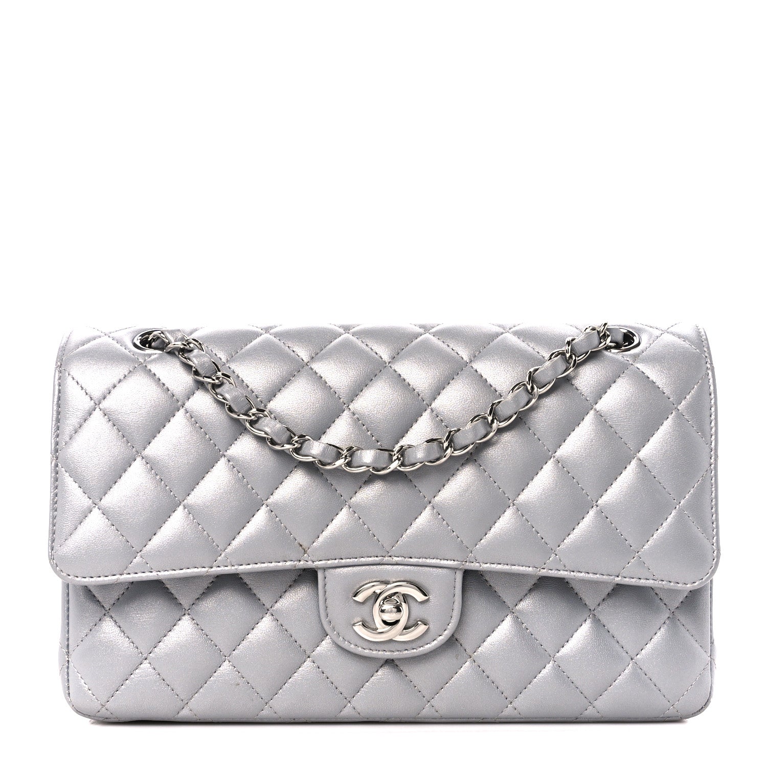 Chanel Metallic Lambskin Quilted Medium Double Flap Silver 1 of 12