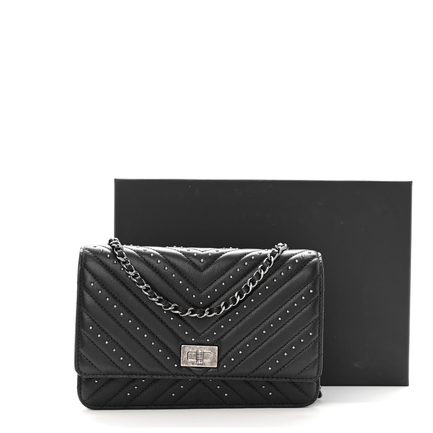 Chanel Sheepskin Chevron Quilted Studded Reissue Wallet On Chain WOC Black 12 of 12