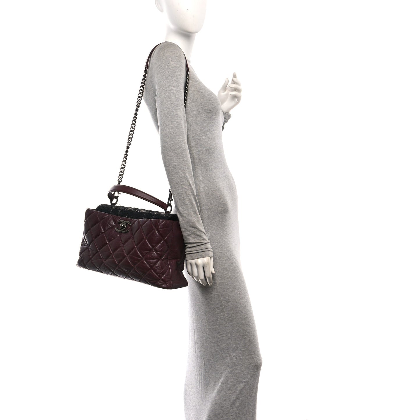 Aged Calfskin Quilted Tweed Portobello Tote Burgundy